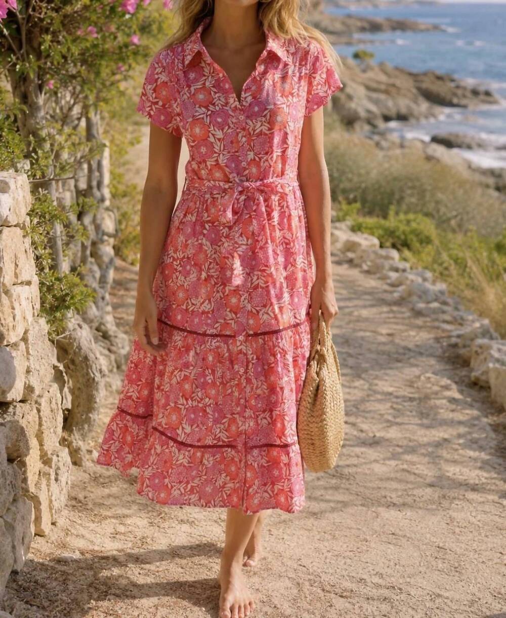 NEW SIGRID OLSEN sylvia midi dress in poppy print pink